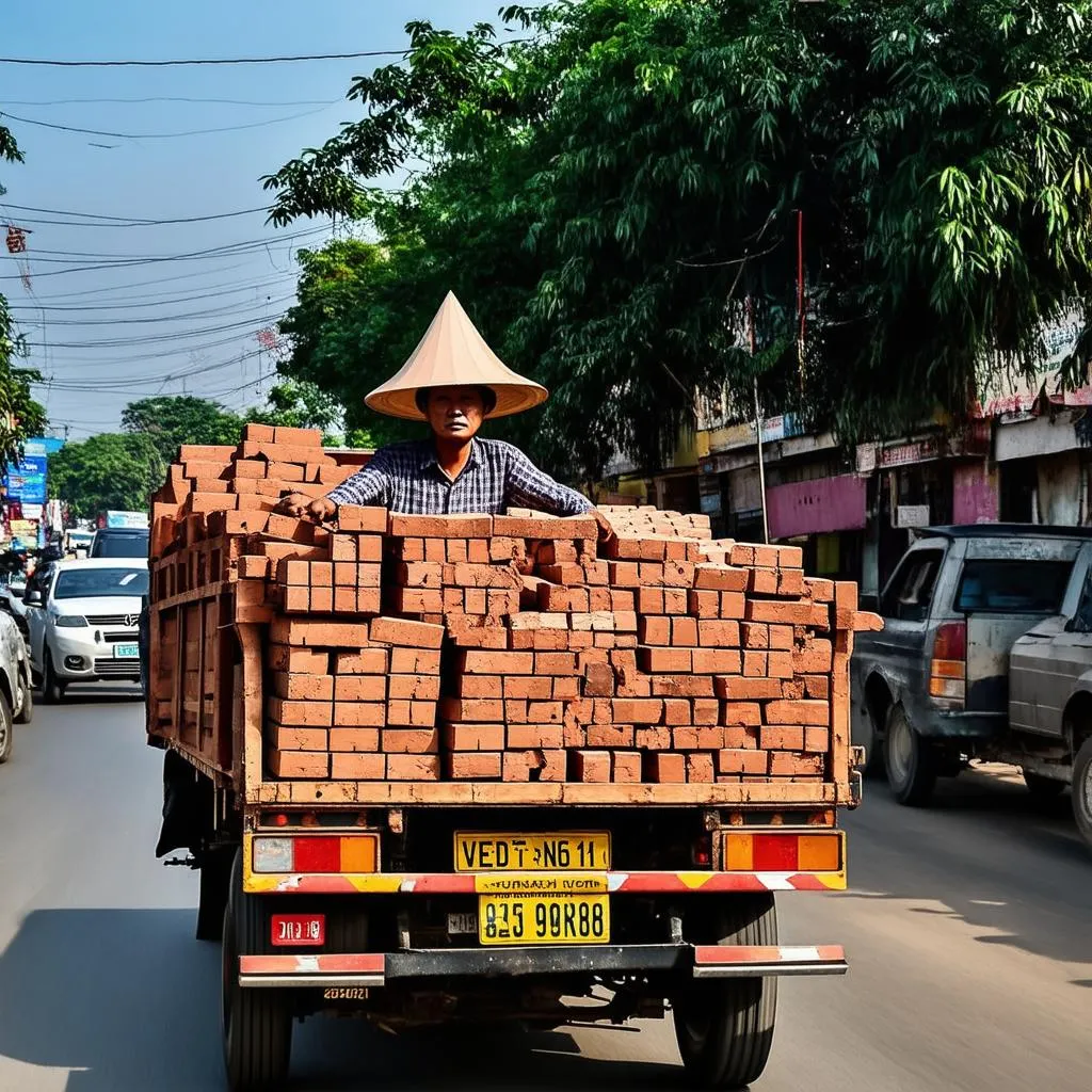 Anh Ba lái xe tải chở gạch trên đường Trường Chinh