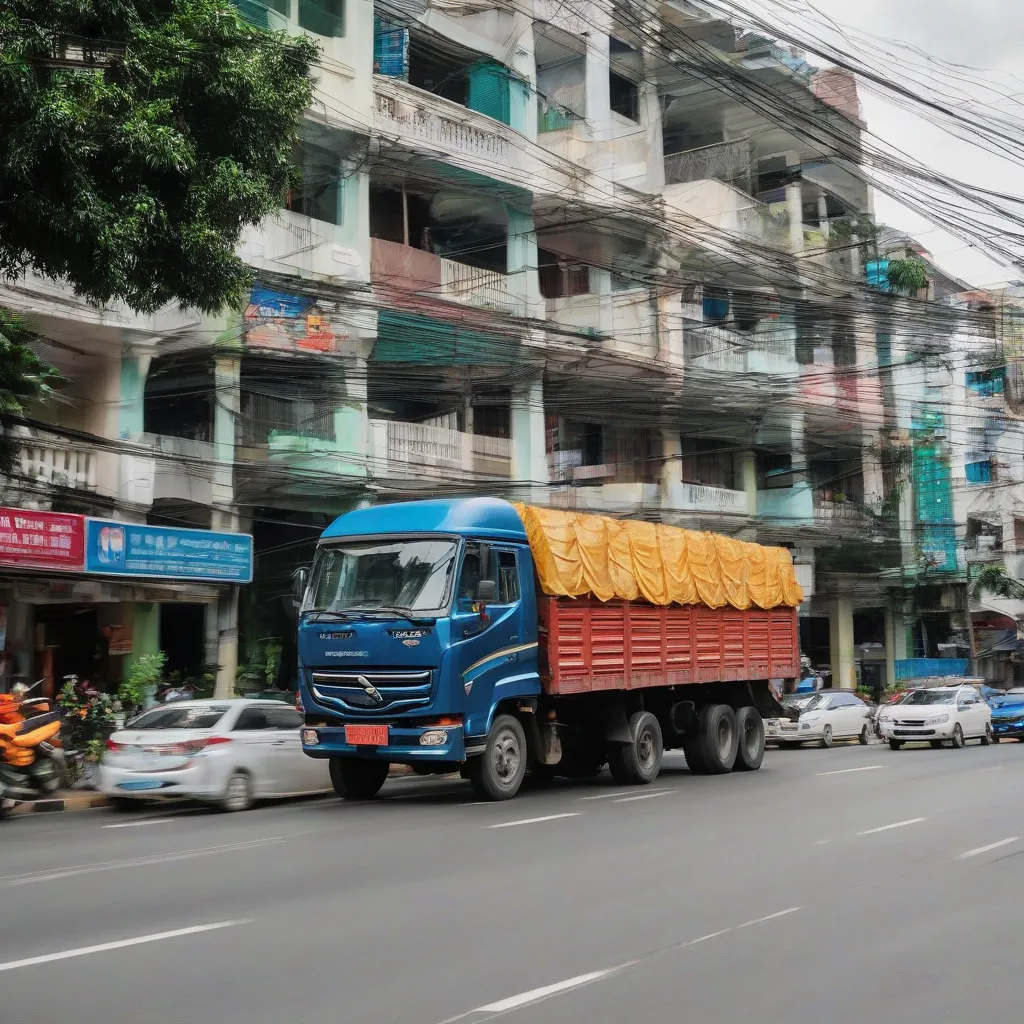 Hình ảnh xe tải di chuyển trên đường Nguyễn Văn Linh