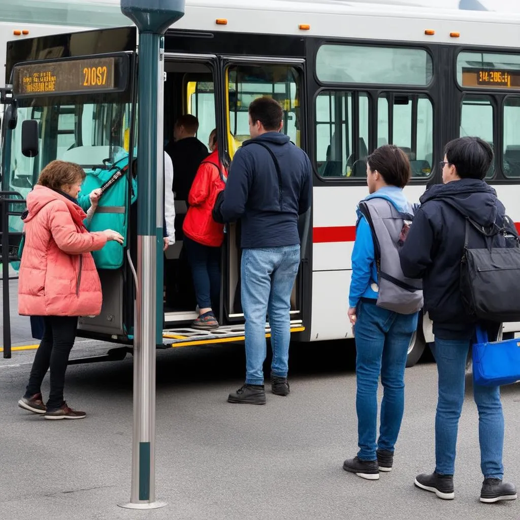 Hành khách lên xuống xe bus tại bến