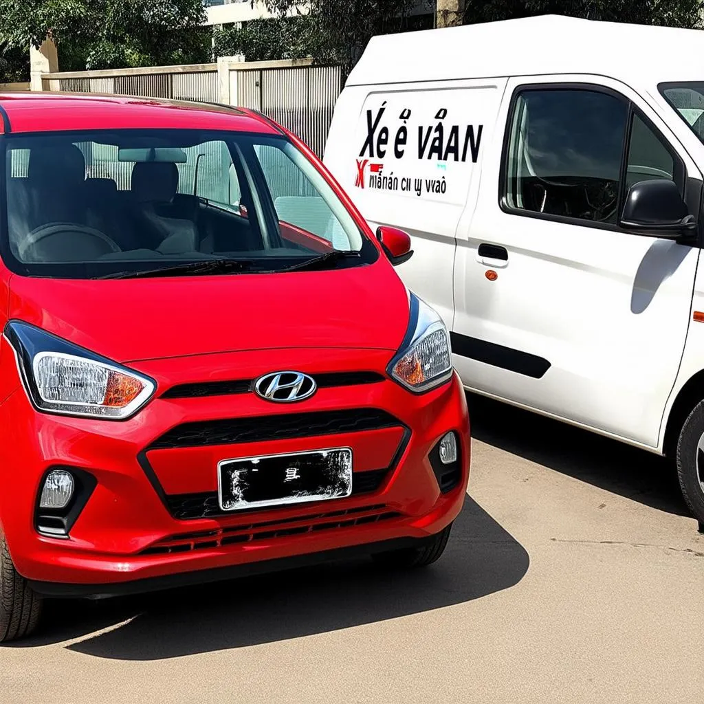 Hyundai Grand i10 màu đỏ đỗ xe tải VAN