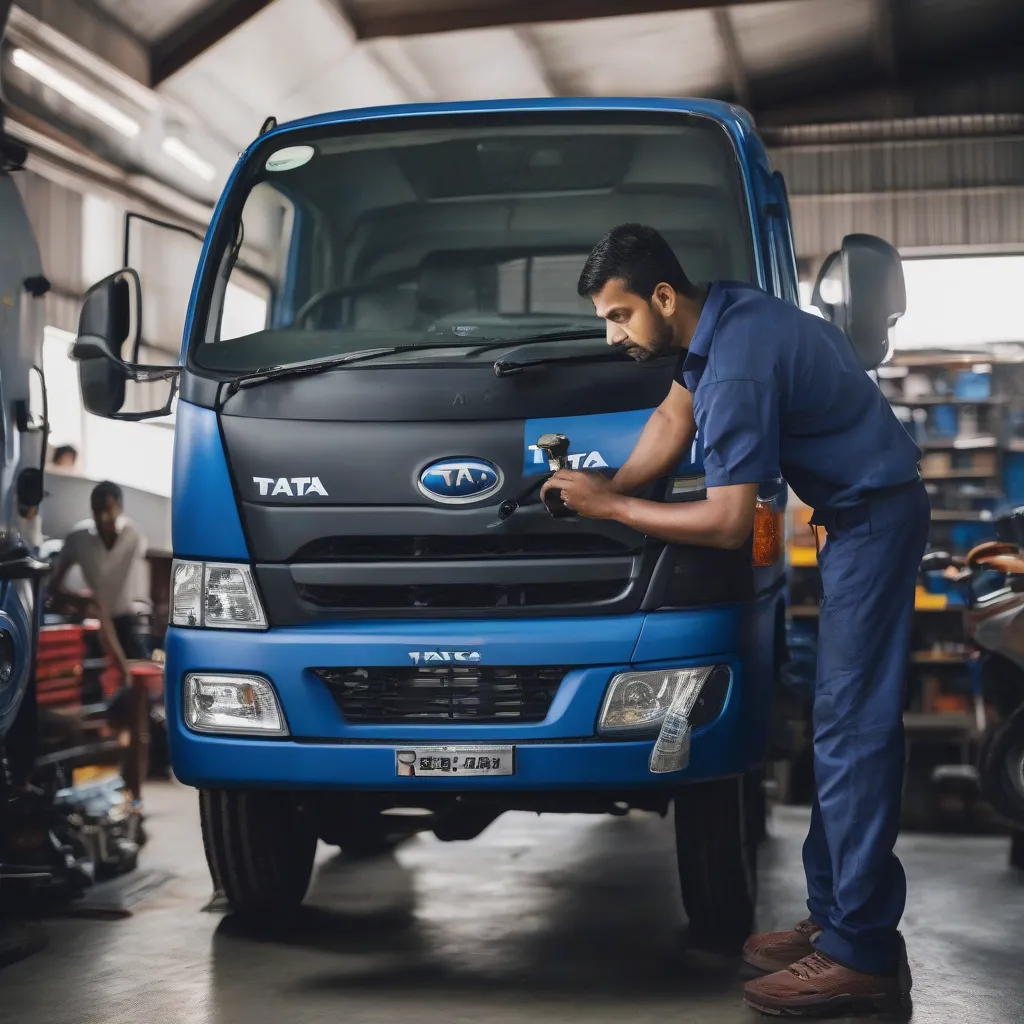 Người đàn ông đang kiểm tra động cơ Tata Super Ace