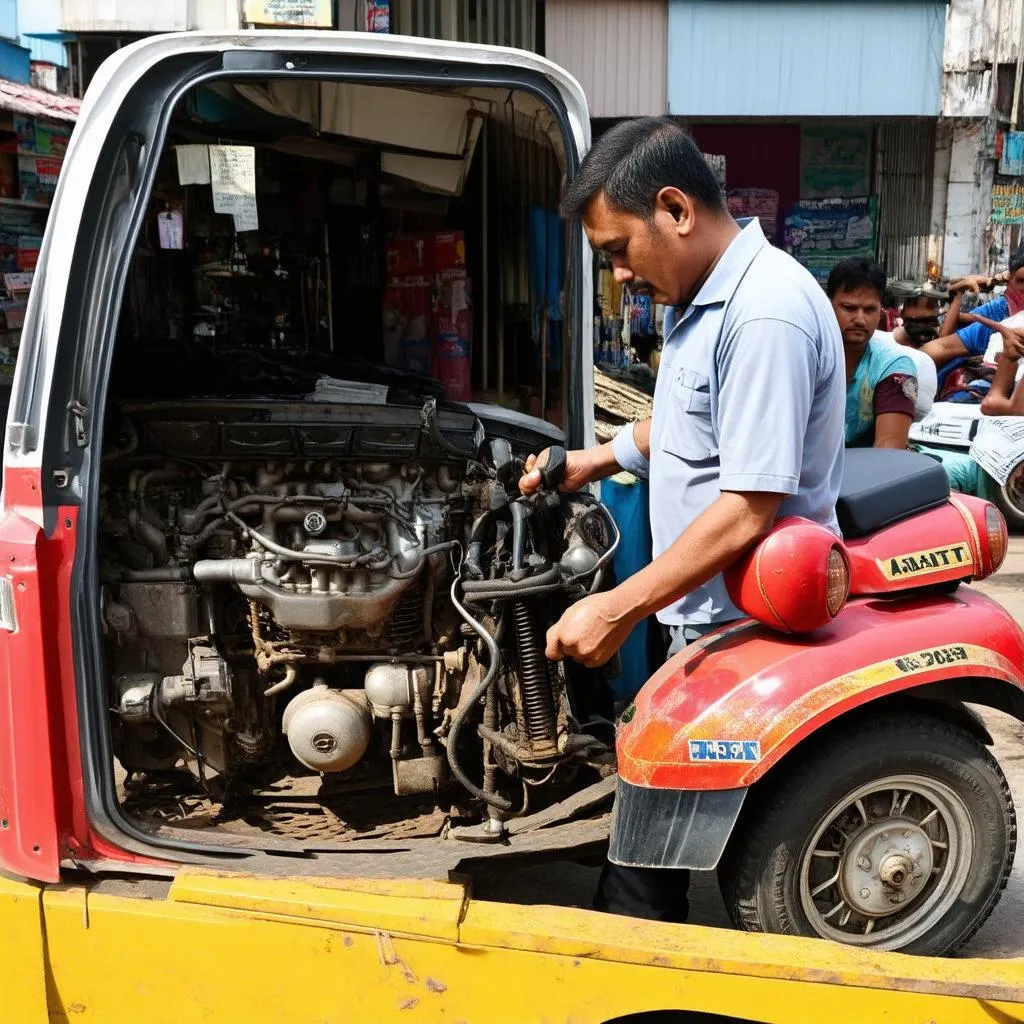 Người đàn ông đang kiểm tra động cơ xe lôi cũ