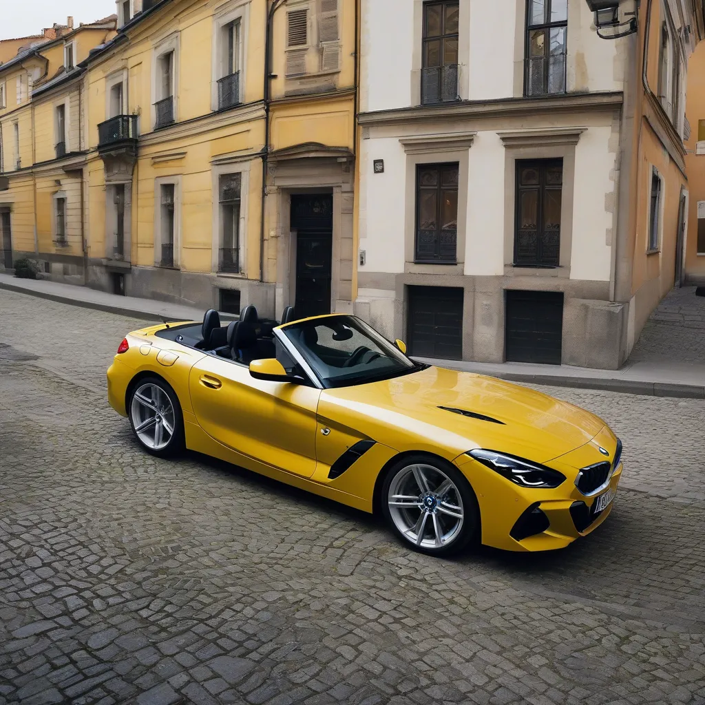 BMW Z4 màu vàng, mui trần, đậu trên đường phố châu Âu