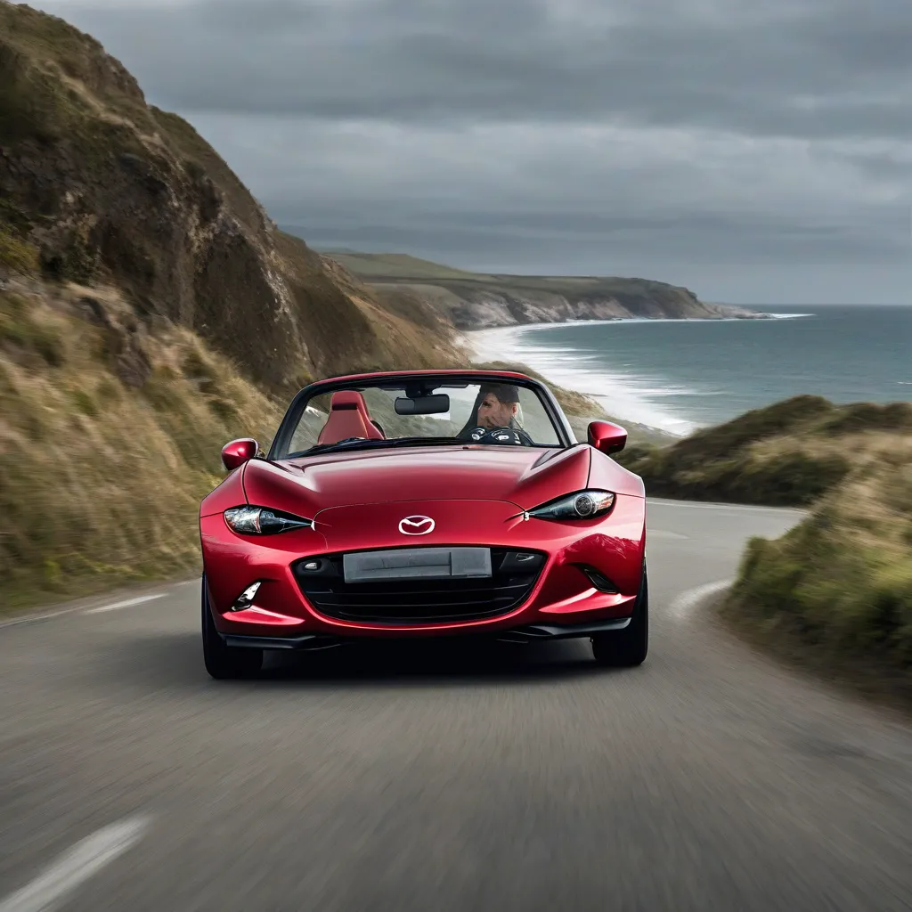 Mazda MX-5 đỏ, mui trần, chạy trên đường ven biển