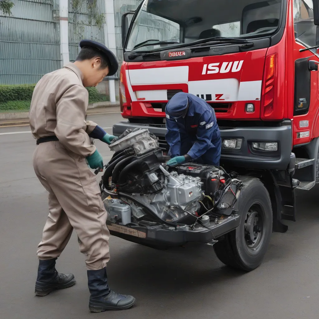 Tài xế đang kiểm tra động cơ xe tải Isuzu