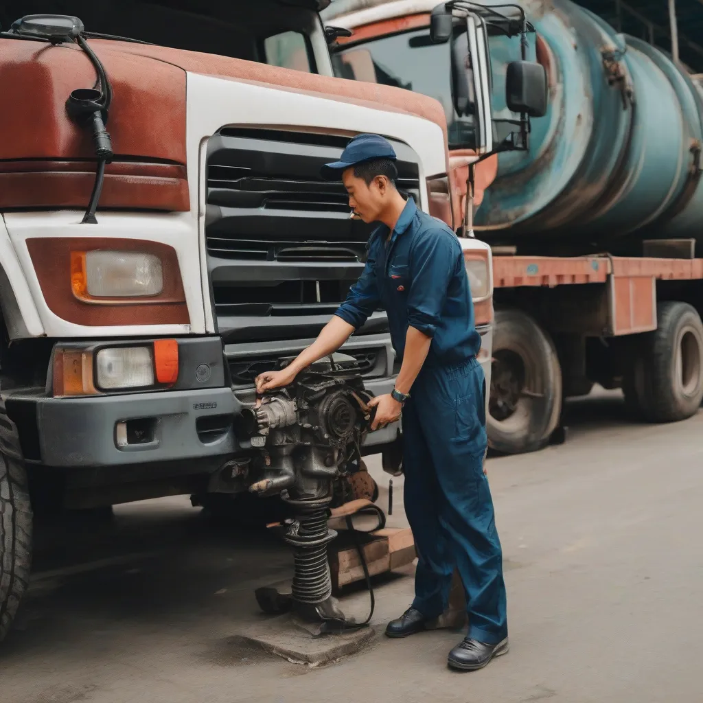 Tài xế đang kiểm tra xe tải