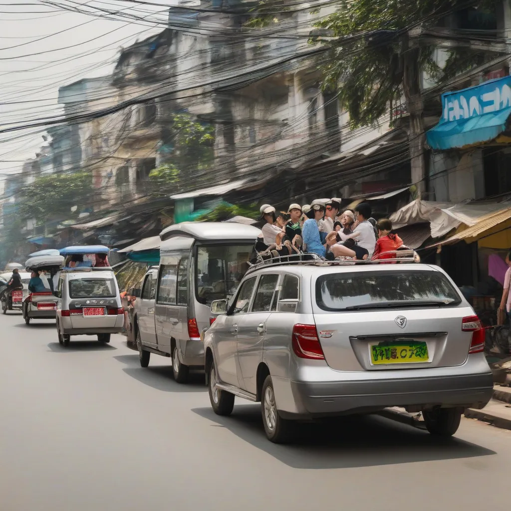 Xe 7 chỗ màu bạc đang di chuyển trên đường phố Hà Nội đông đúc