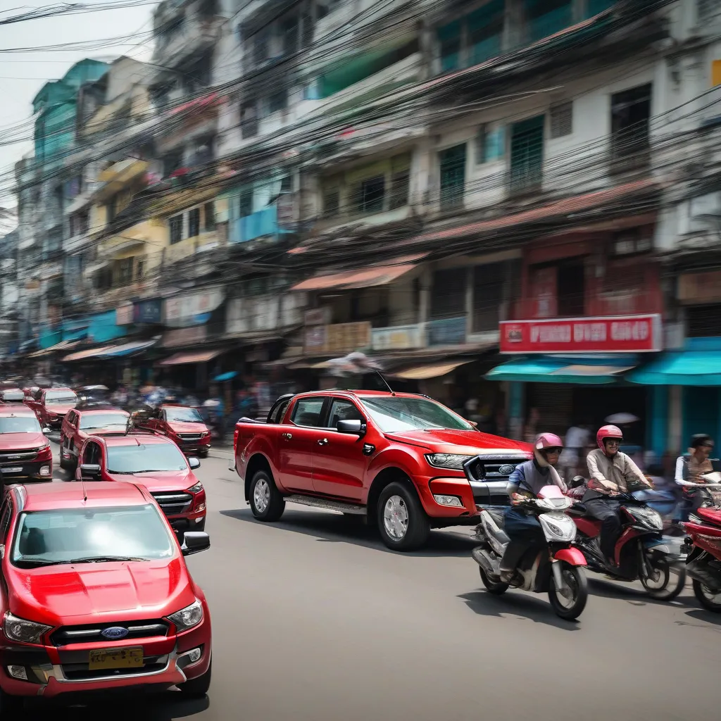 Xe bán tải Ford Ranger di chuyển trên đường phố