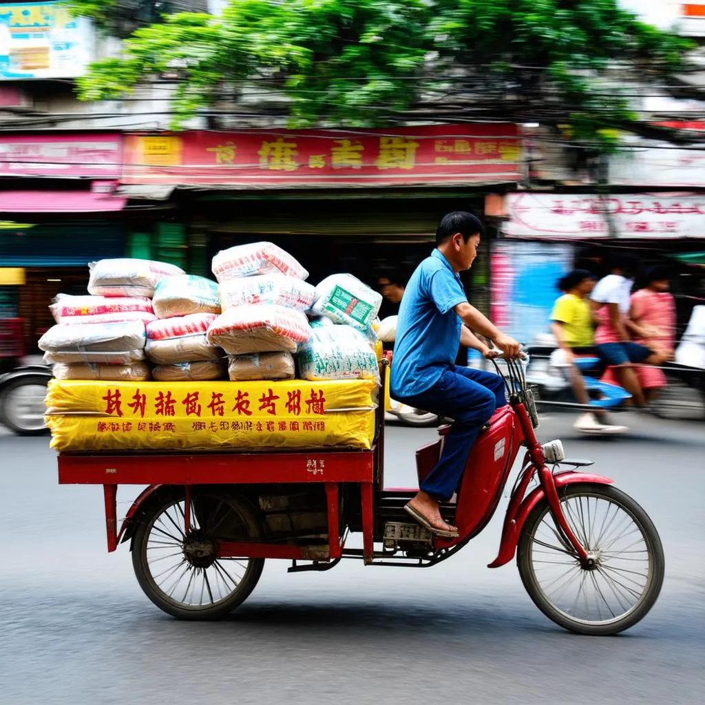 Xe lôi Trung Quốc cũ đang vận chuyển hàng hóa