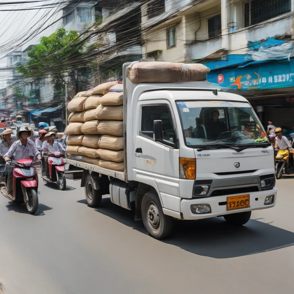 Xe tải Thaco Towner 750kg chạy trên đường phố