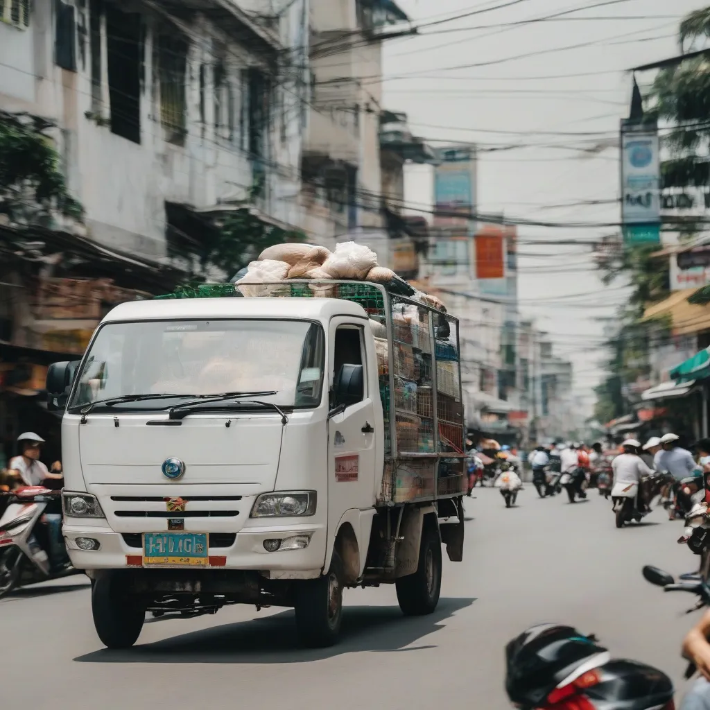 Xe tải van đang di chuyển trên đường phố