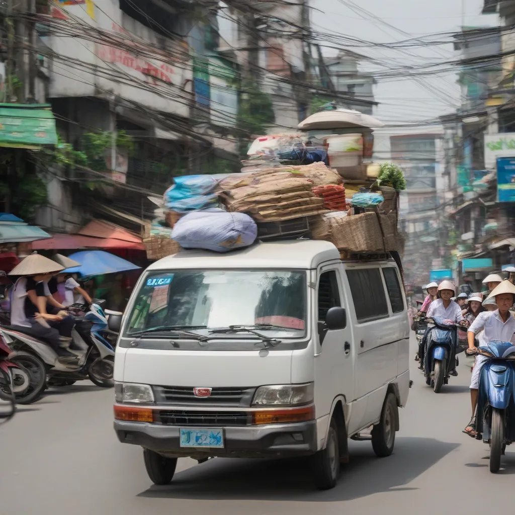 Xe tải van di chuyển trên đường phố đông đúc