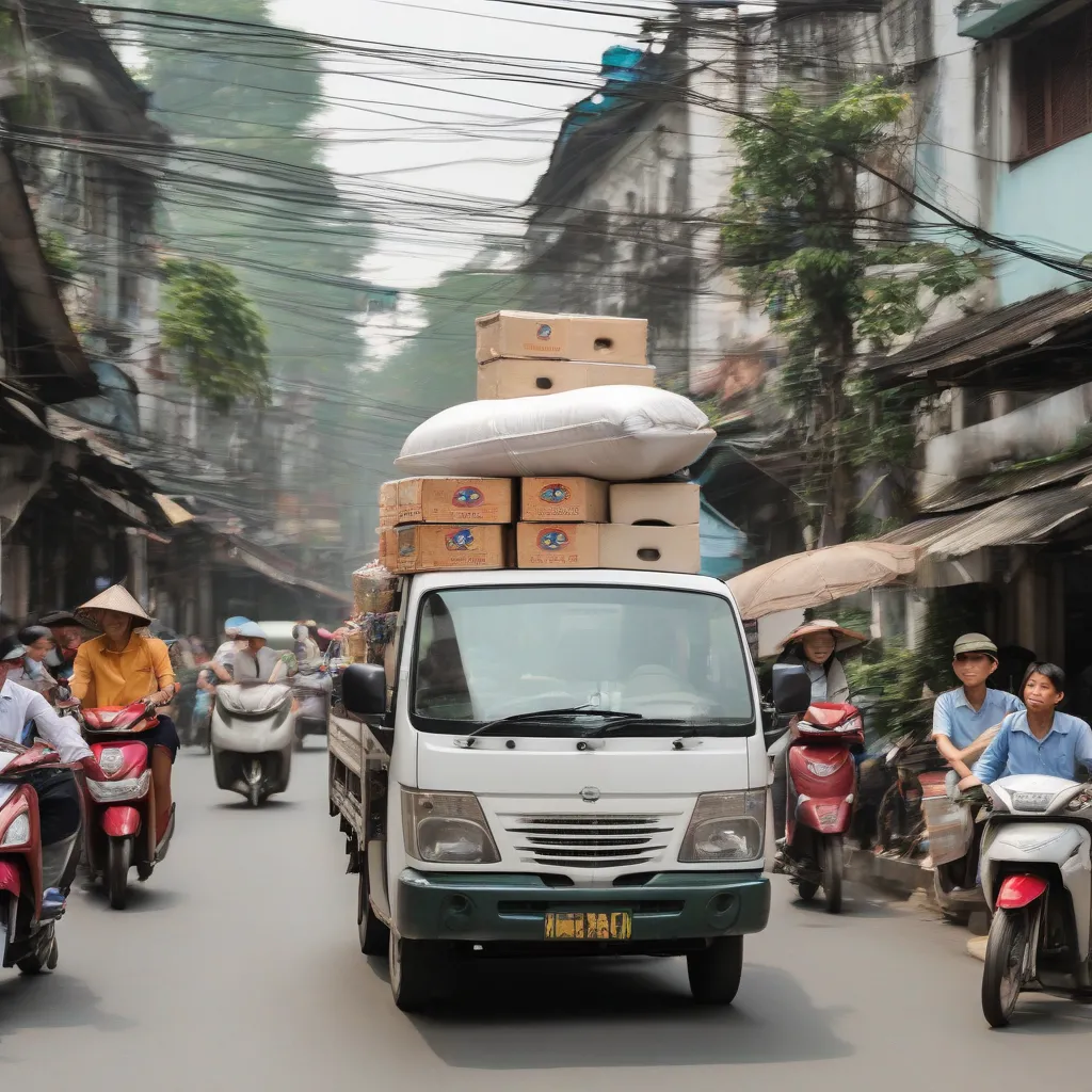 Xe tải van đông hàng trên phố