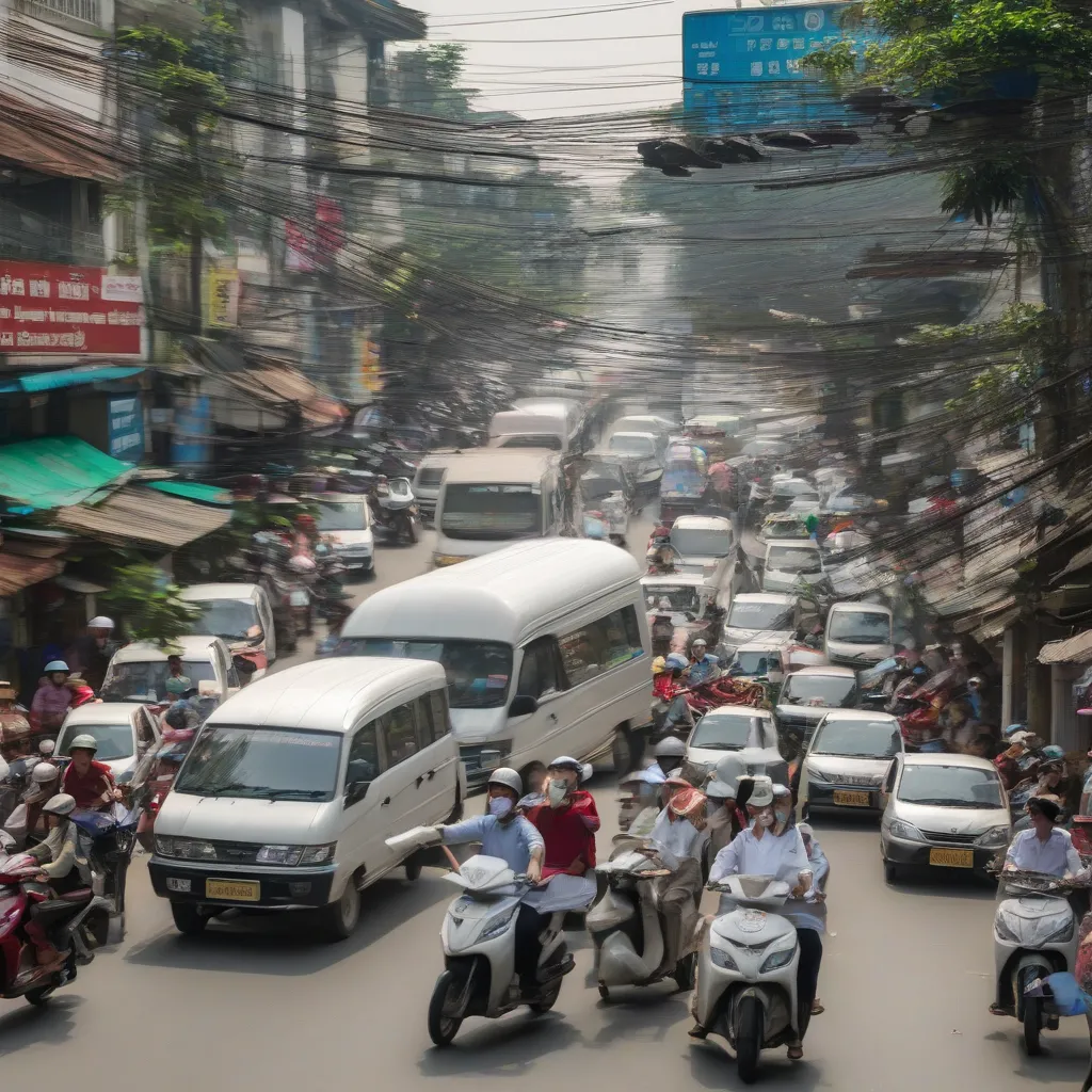 Xe tải van đang chạy trên đường phố Hà Nội