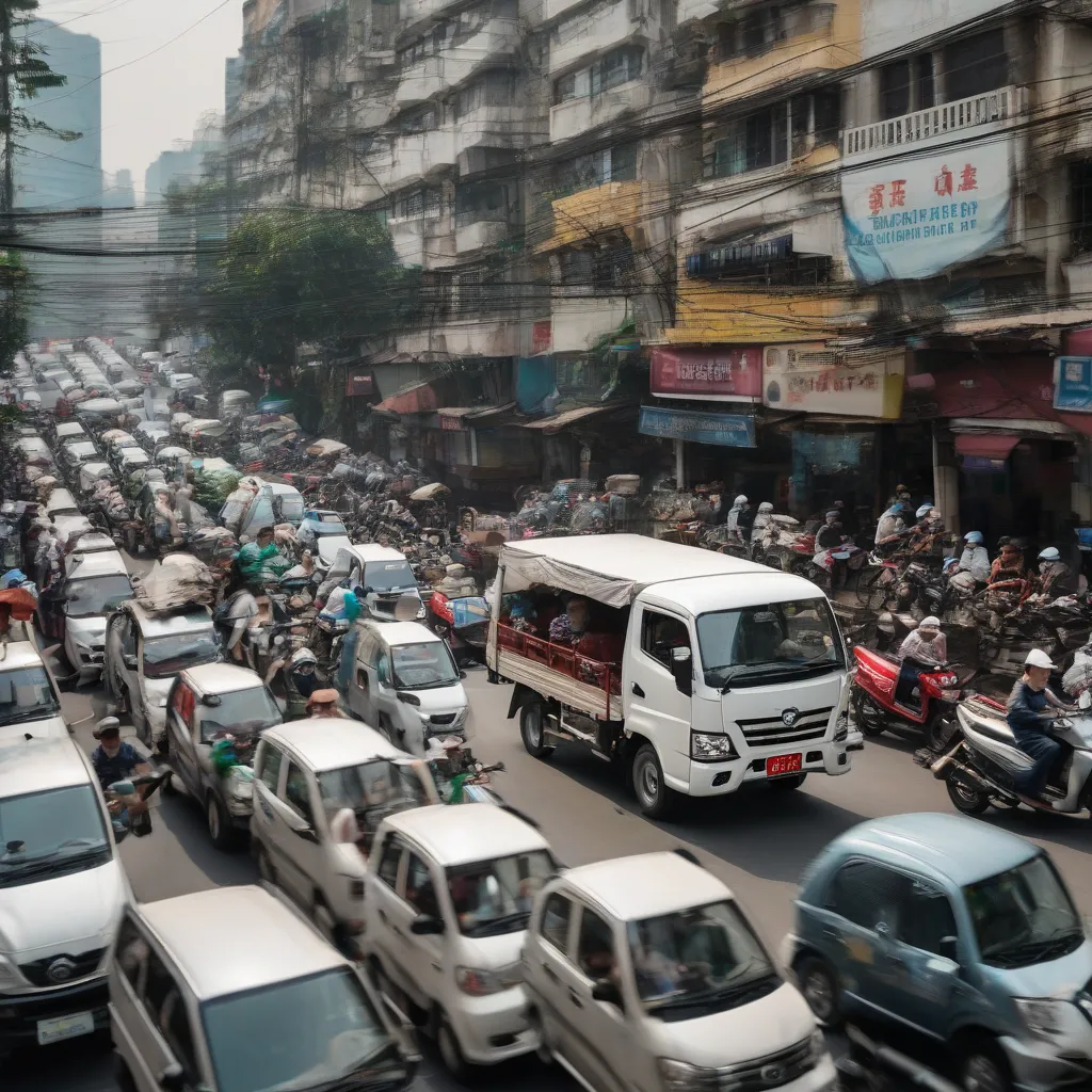 Xe tải van Thaco Foton 2017 đang lăn bánh trên đường phố Hà Nội