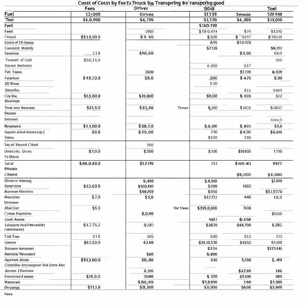 Bảng chi phí vận chuyển xe tải