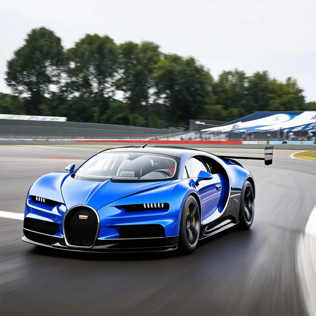 Bugatti Chiron màu xanh lao trên đường đua