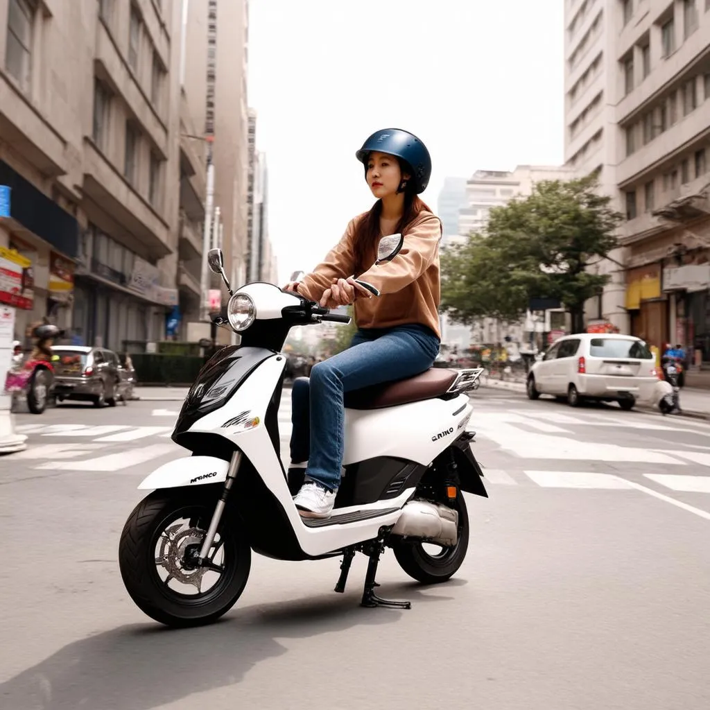 Cô gái đi xe Kymco Like 50cc trên phố