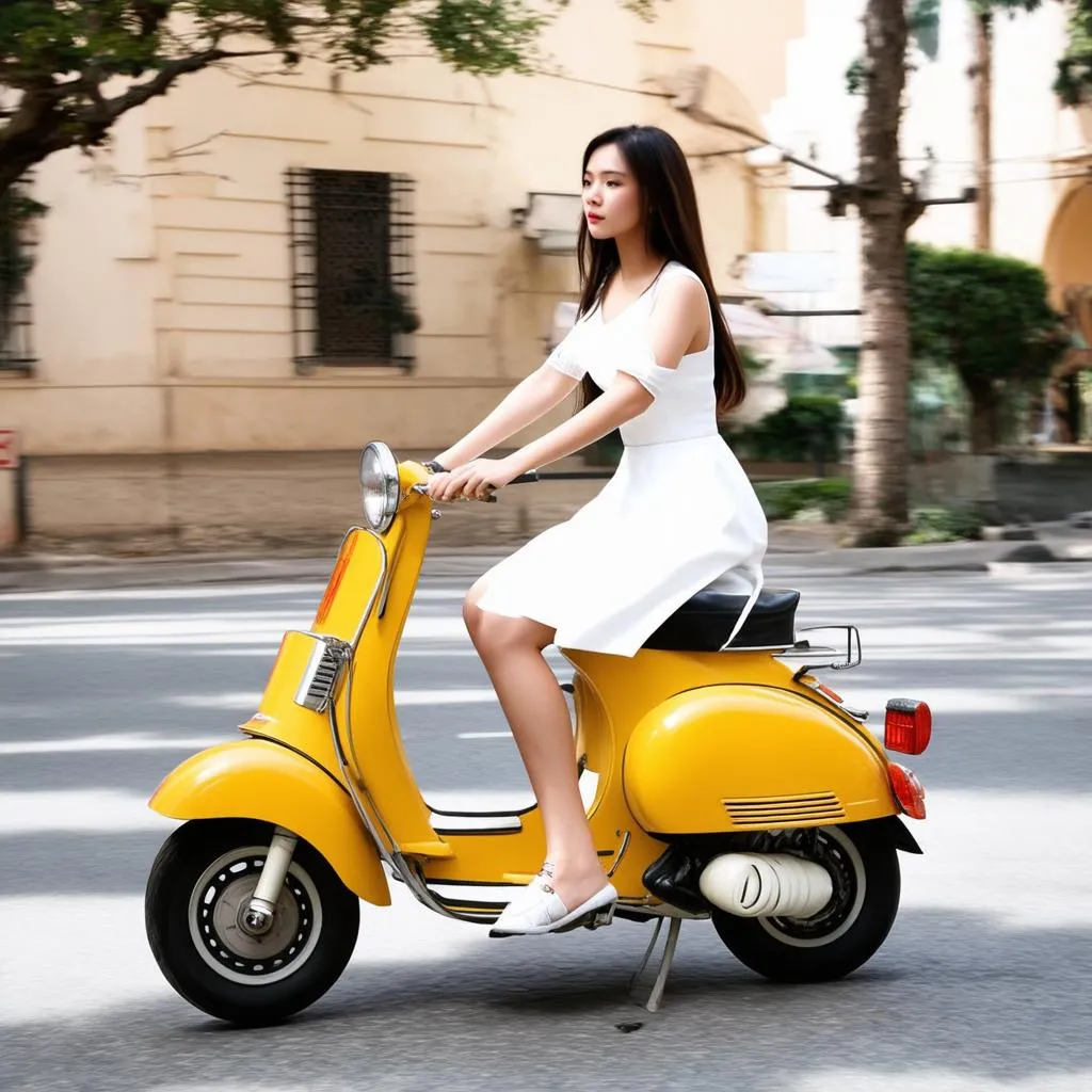 Cô gái đi xe Vespa cổ màu vàng