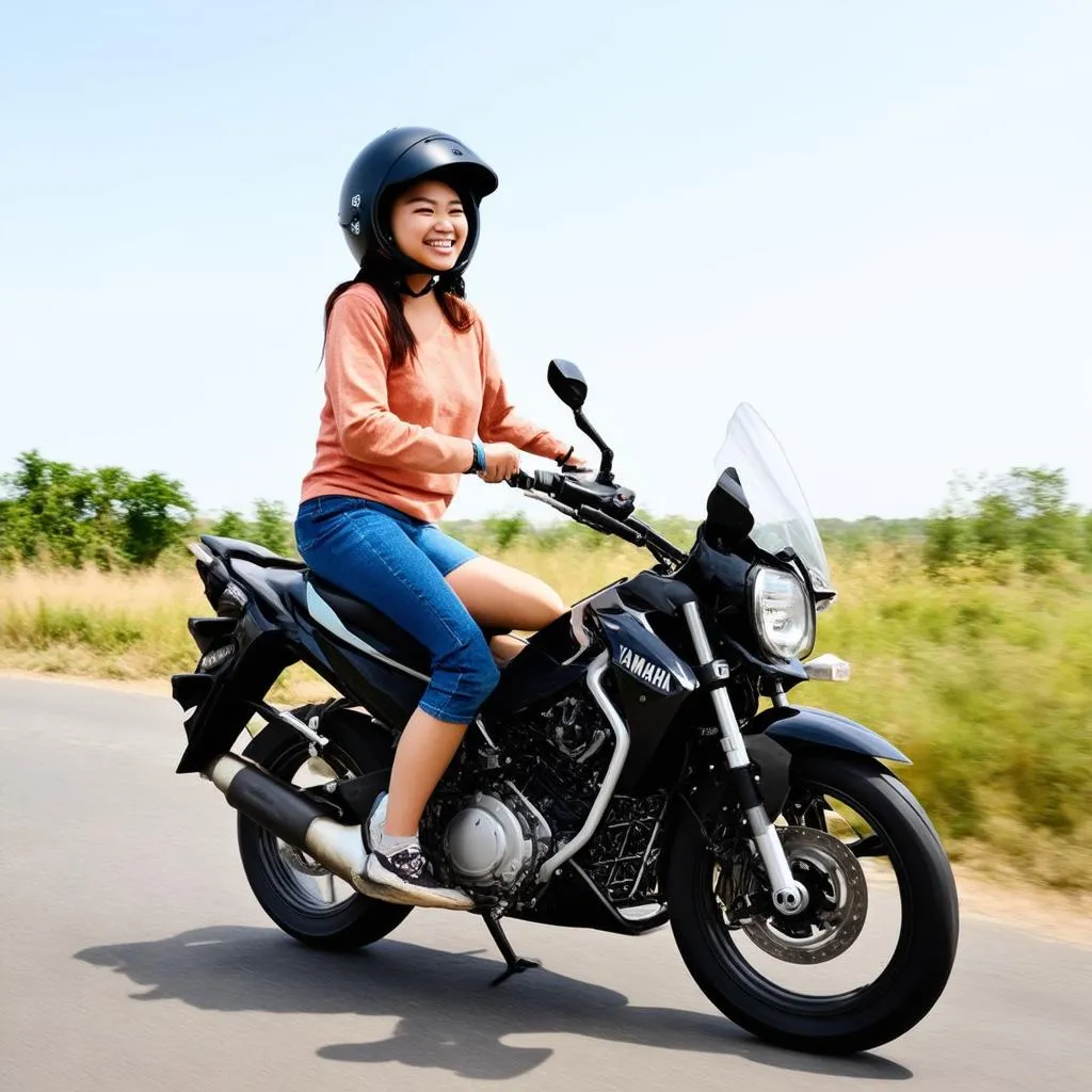 Cô gái trẻ trung đi xe máy Yamaha Janus