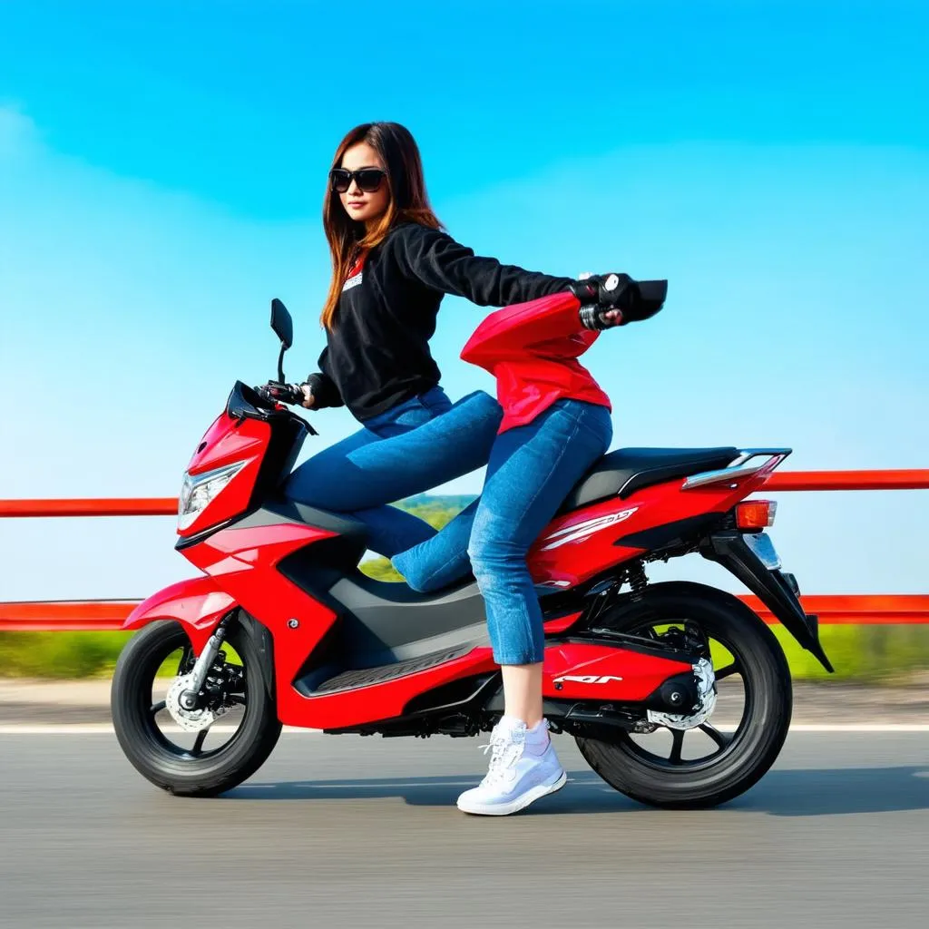 Cô gái trẻ đang đi xe Honda Sonic 2018 màu đỏ