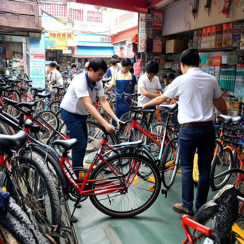 Bike shop in Hanoi with customers