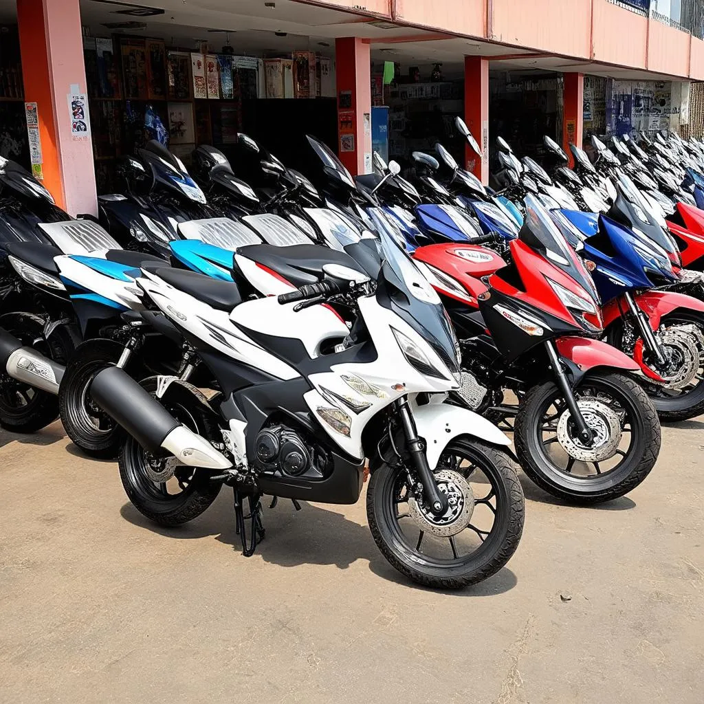 Many motorbikes for rent are arranged in rows