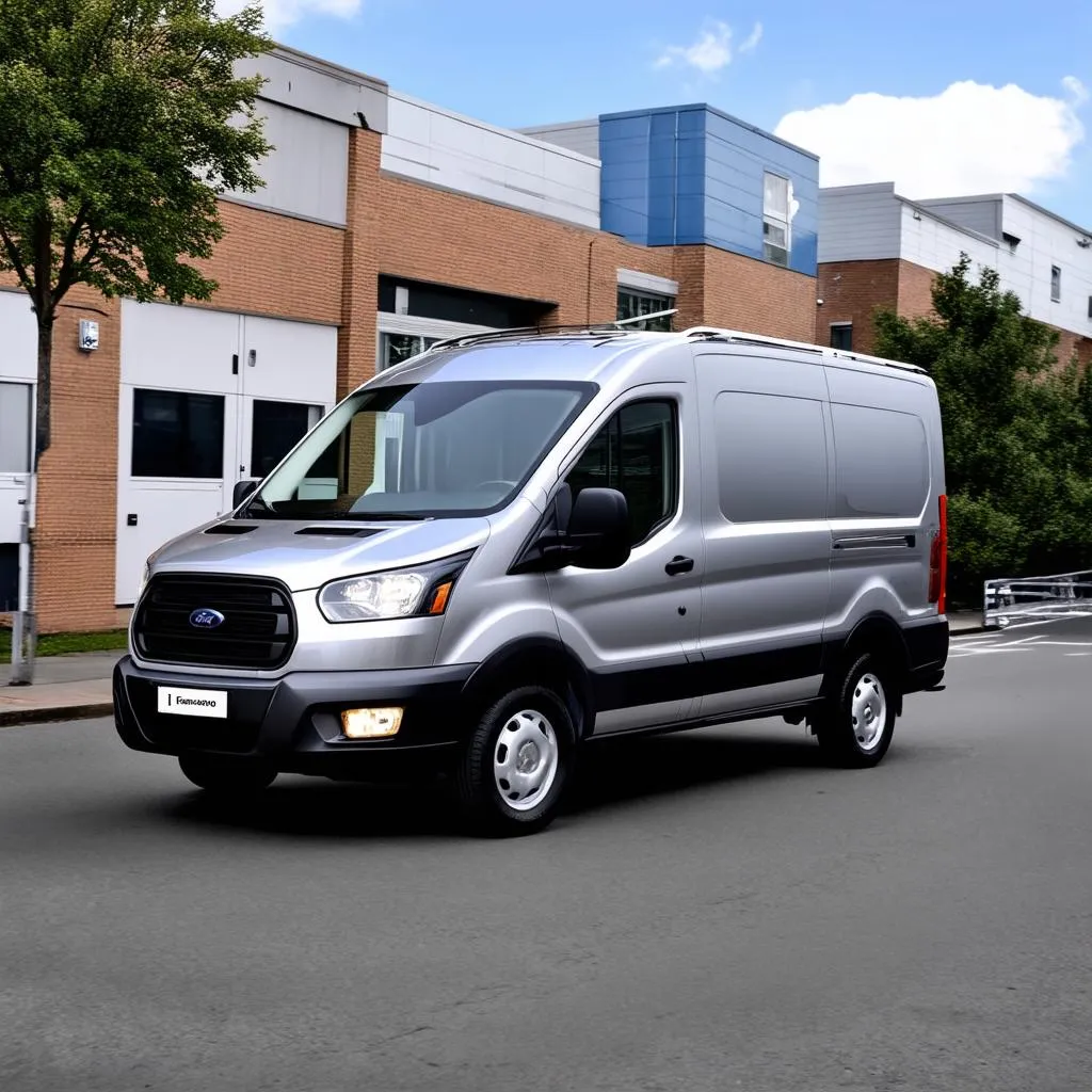 Ford Transit 2017 màu bạc, dừng đỗ trên phố