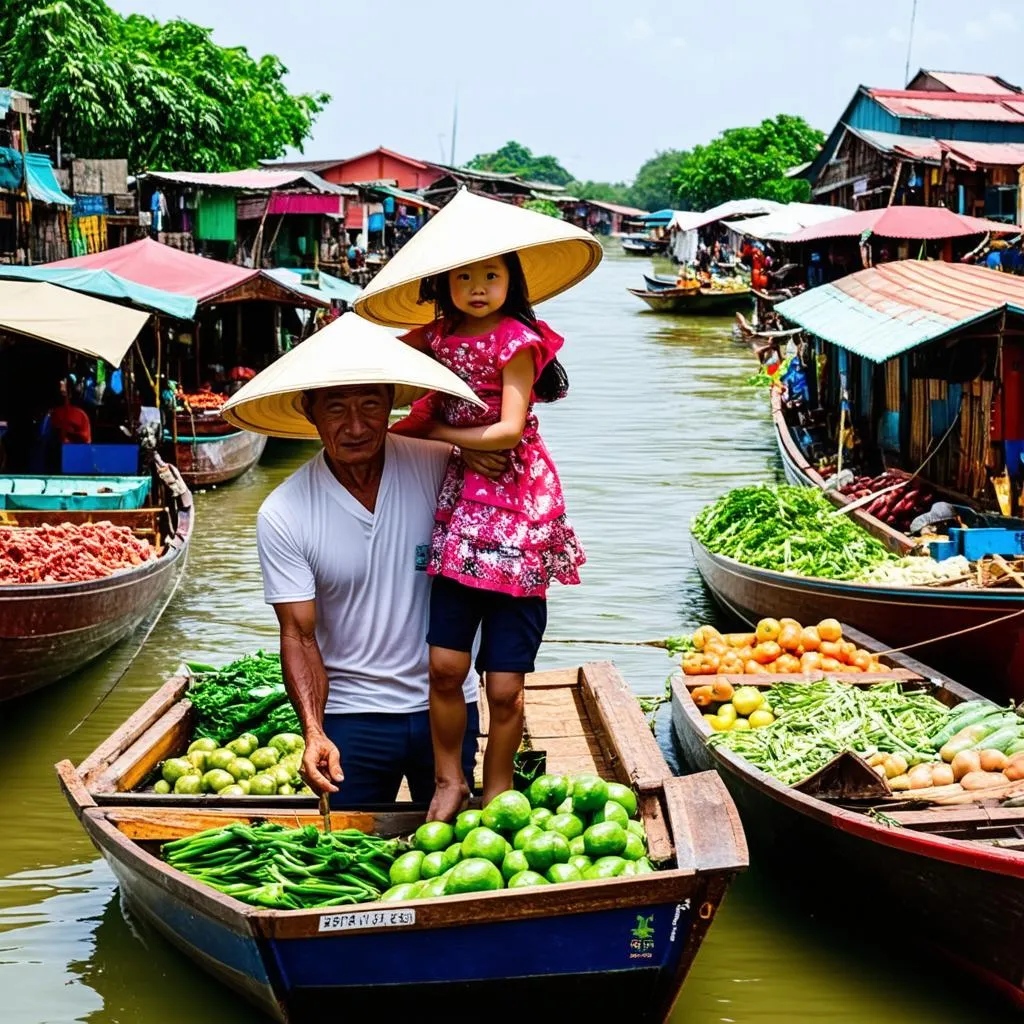 Gia đình đi chợ nổi miền Tây