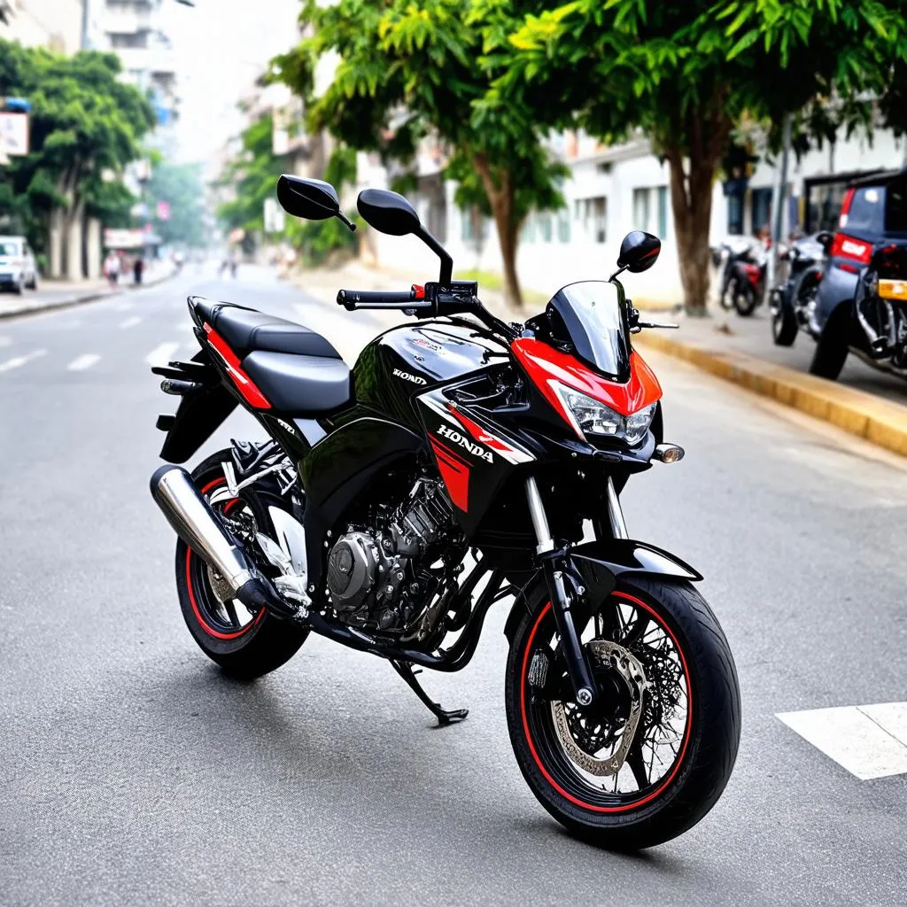 Honda CB190R màu đen đỏ góc phố Sài Gòn