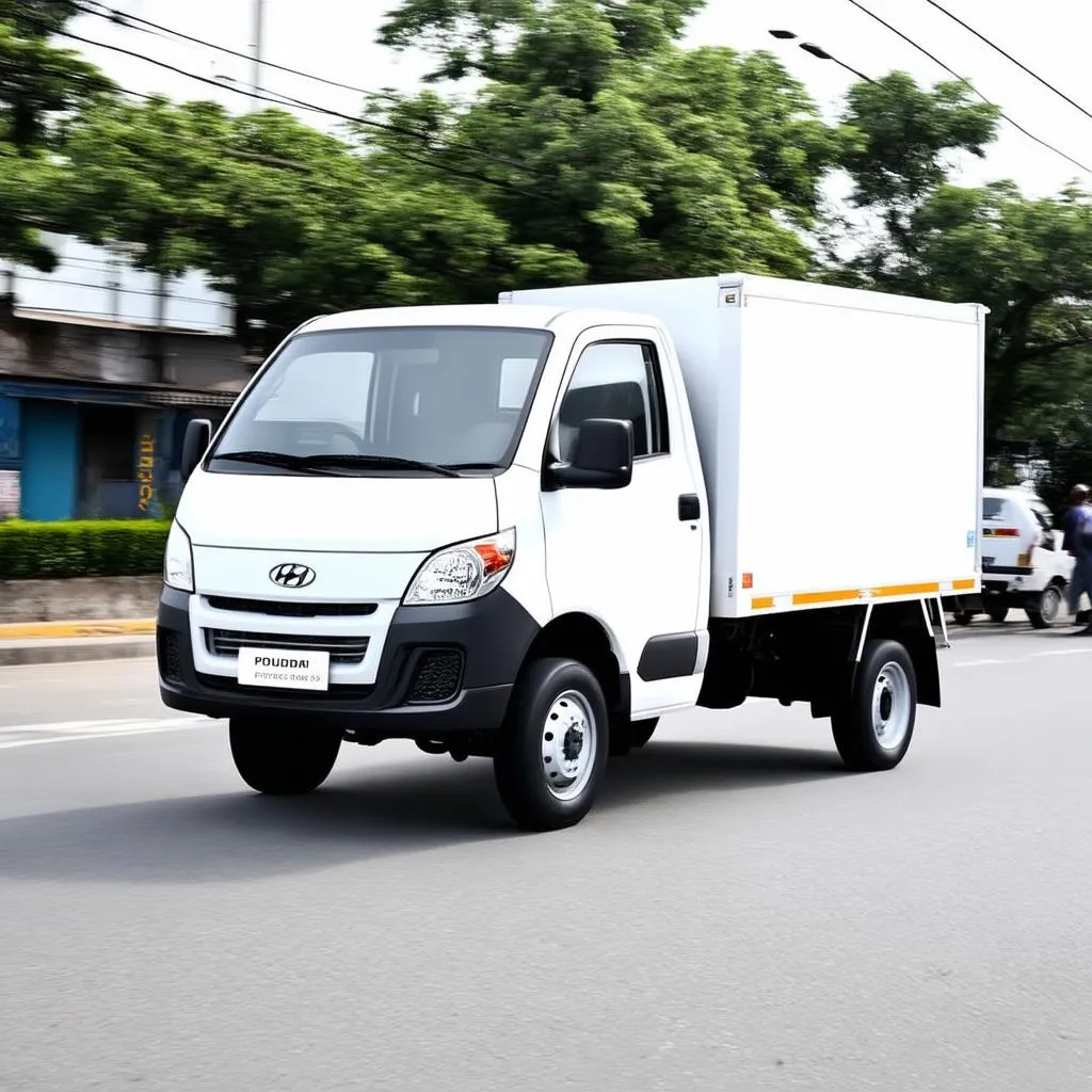 Xe tải Hyundai Porter 1.2 tấn màu trắng đang chạy trên đường phố