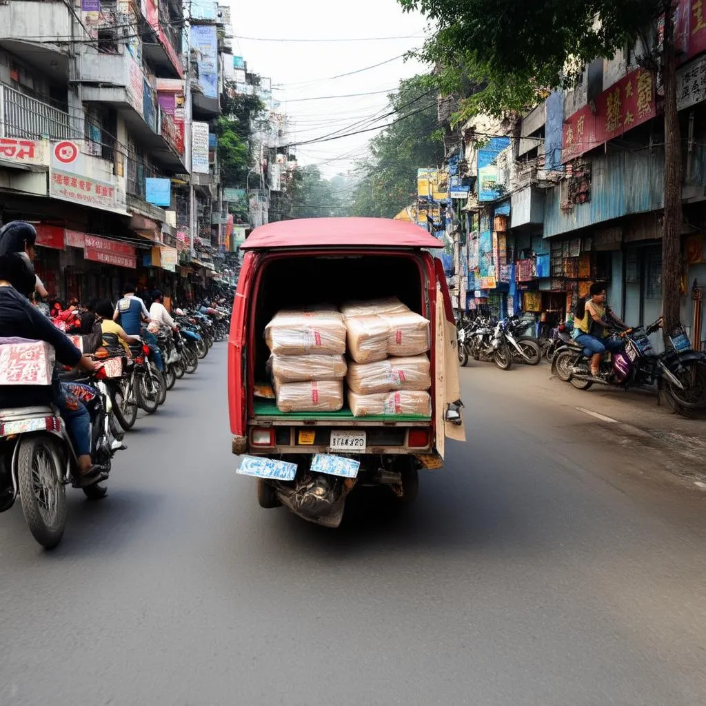 Lái xe tải van trên phố