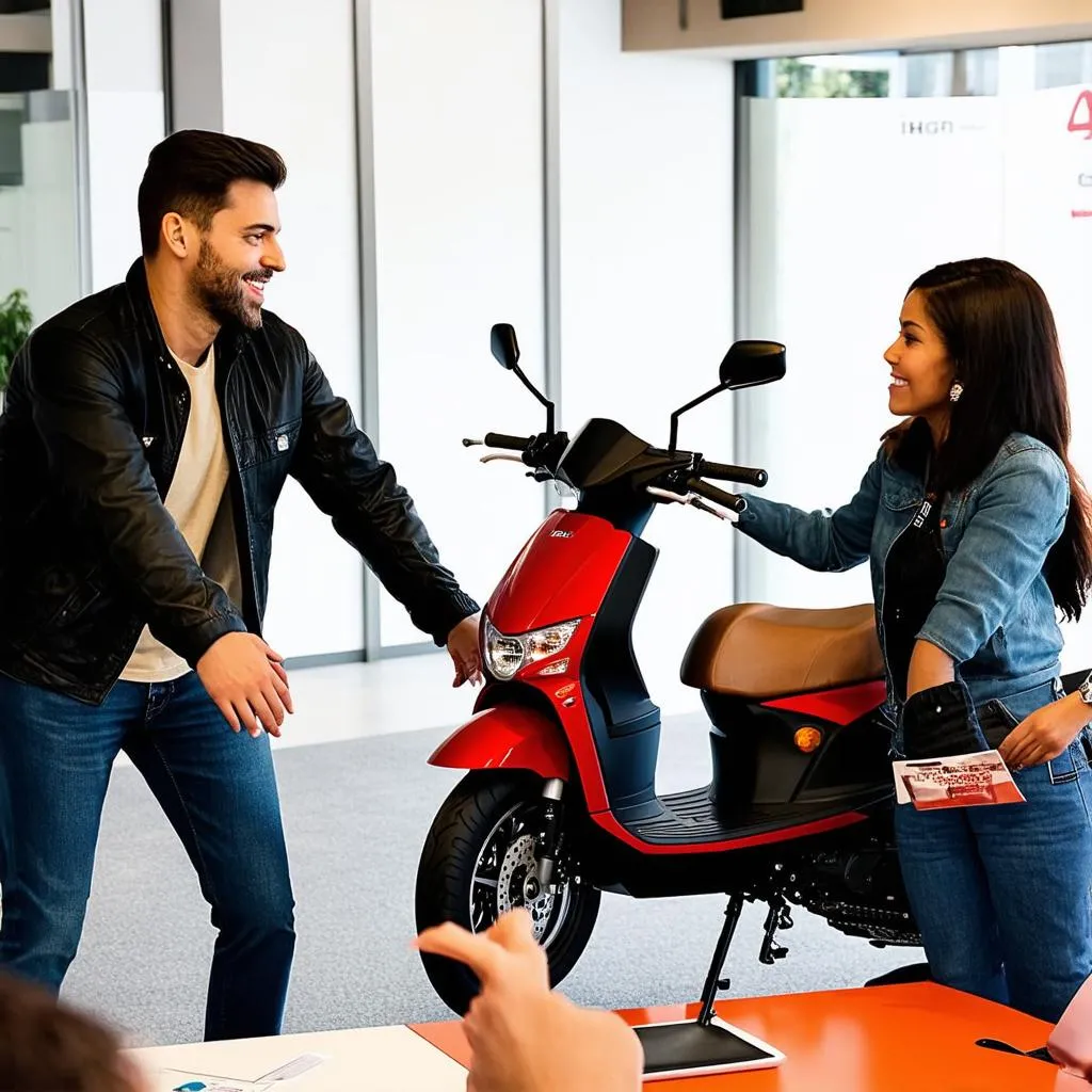 Couple looking at scooter with salesperson