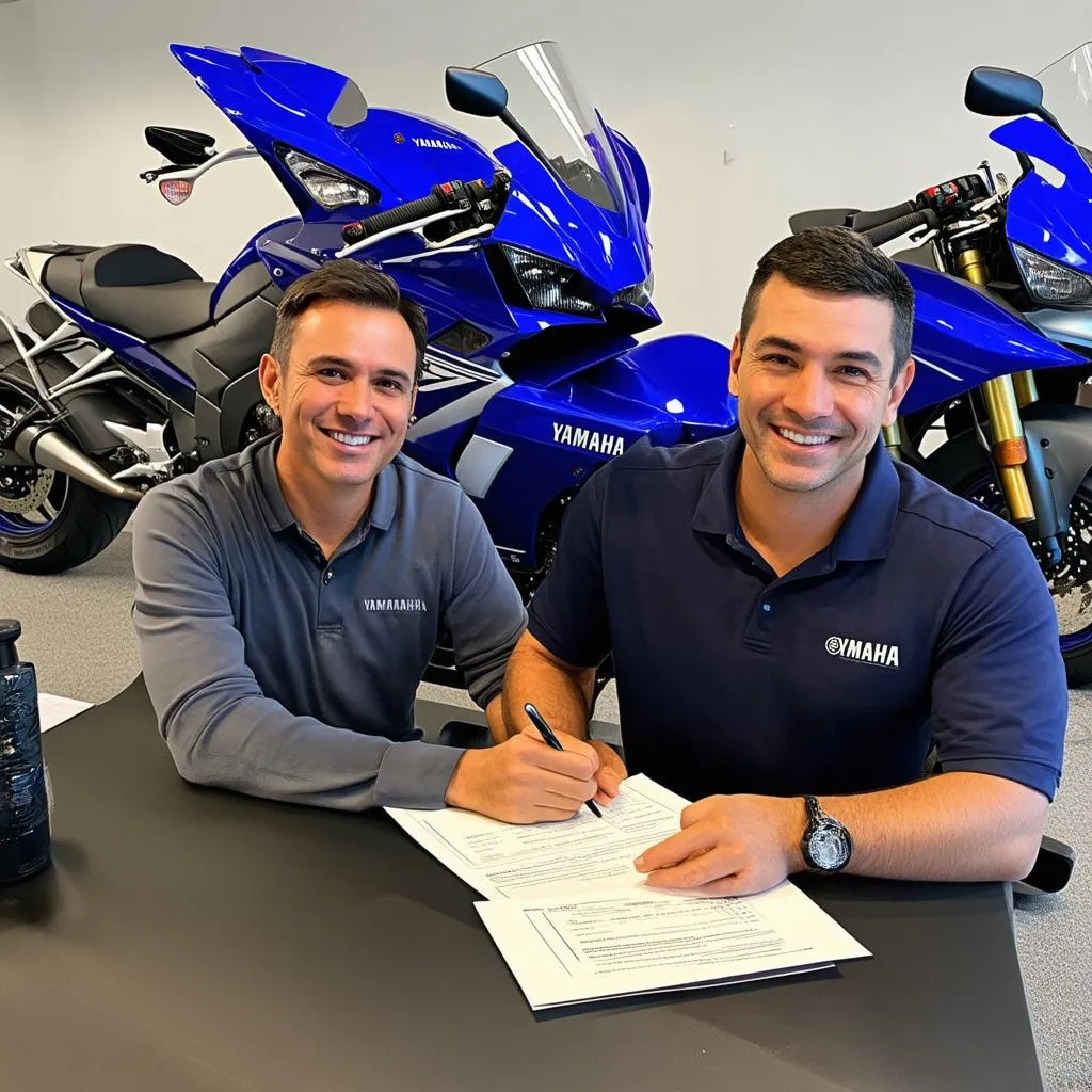 A customer signing documents to purchase a Yamaha motorcycle on installment plan