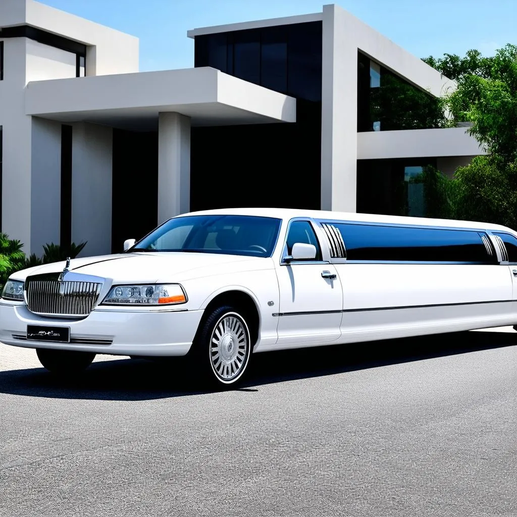 Ngoại thất xe limousine trắng sang trọng đậu trước nhà