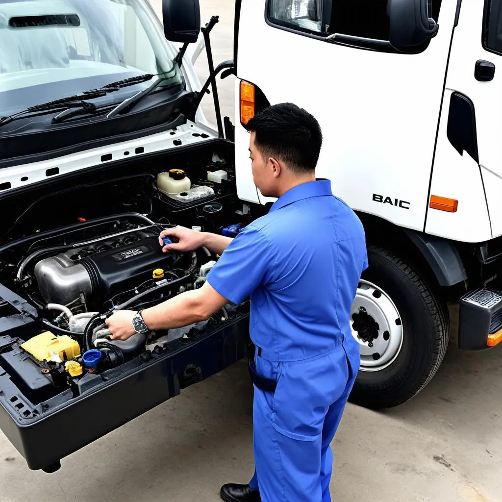 Nhân viên đang kiểm tra xe tải BAIC