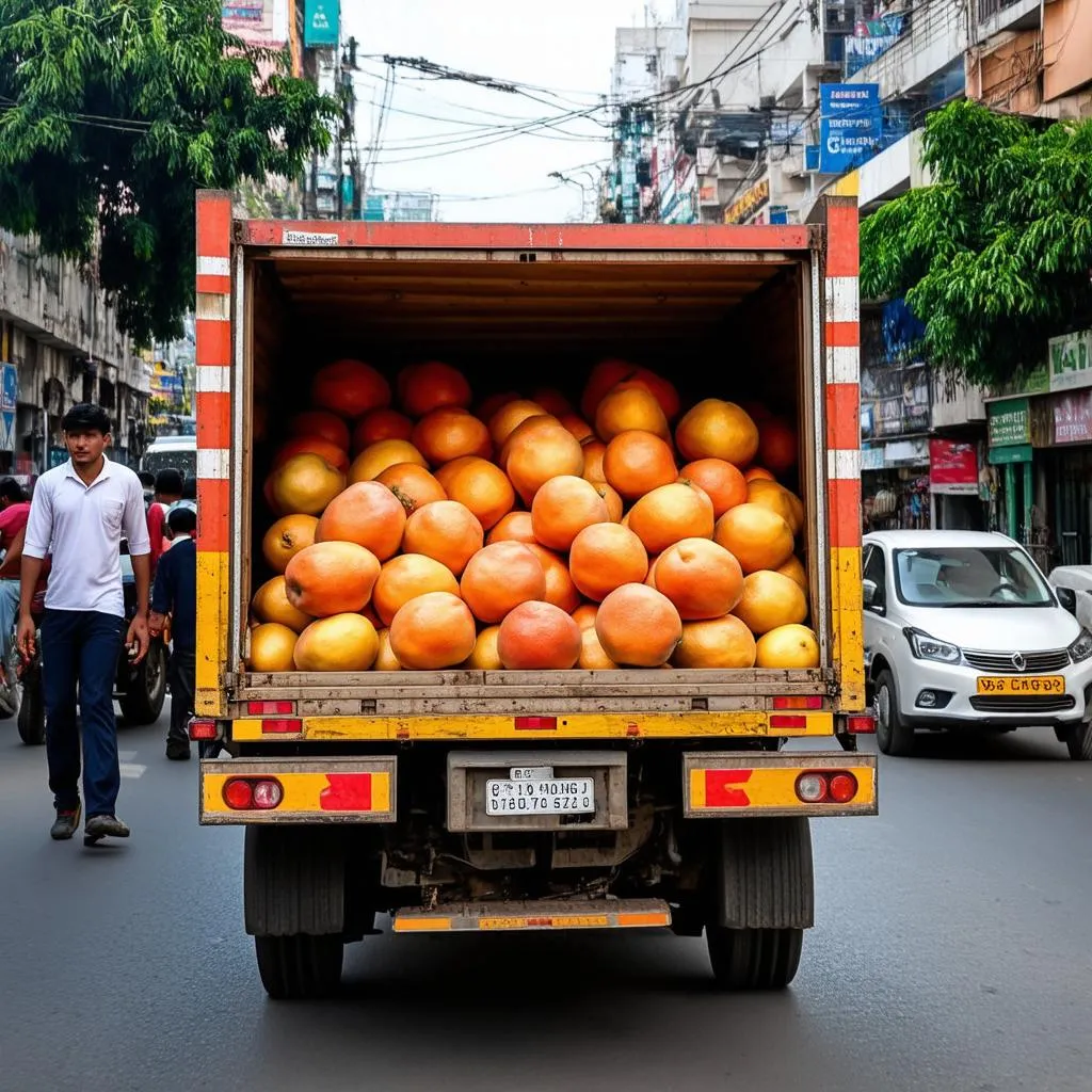 Tài xế chở bưởi trên đường phố