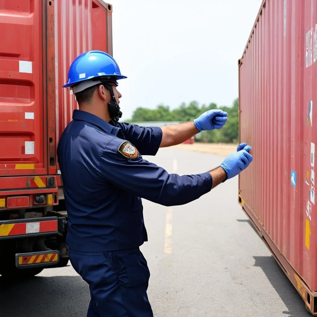 Tài xế container kiểm tra hàng hóa