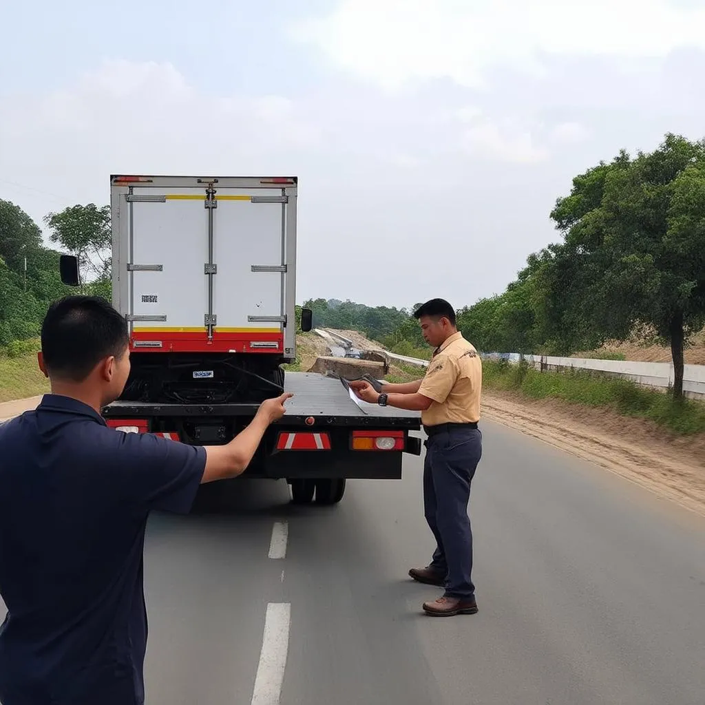 Tài xế đang kiểm tra xe tải thùng kín Hino