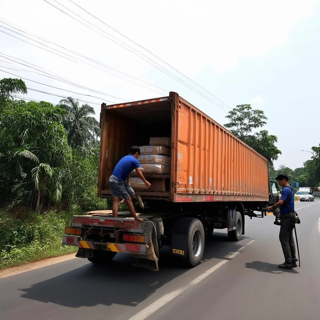 Tài xế đang vận chuyển hàng hóa lên thùng xe tải thùng dài 8m