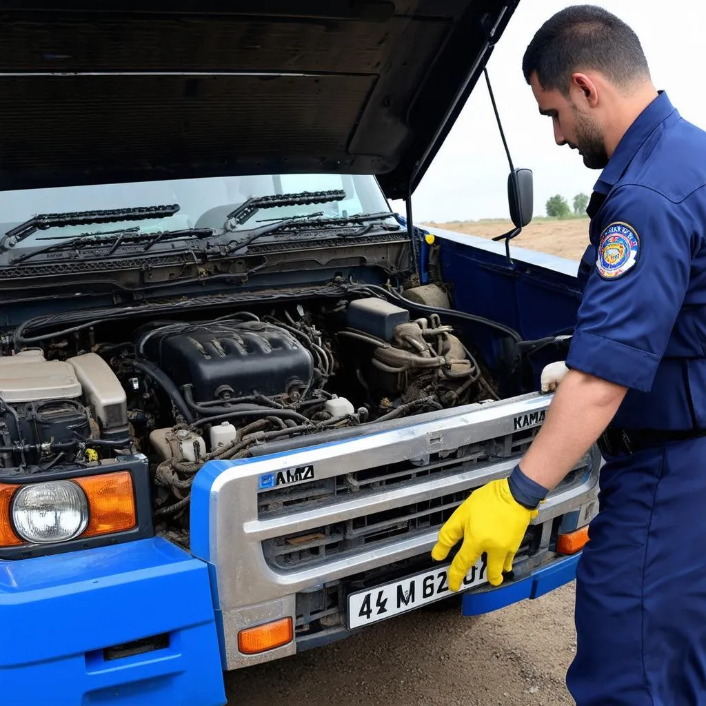 Driver checking engine Kamaz 4326