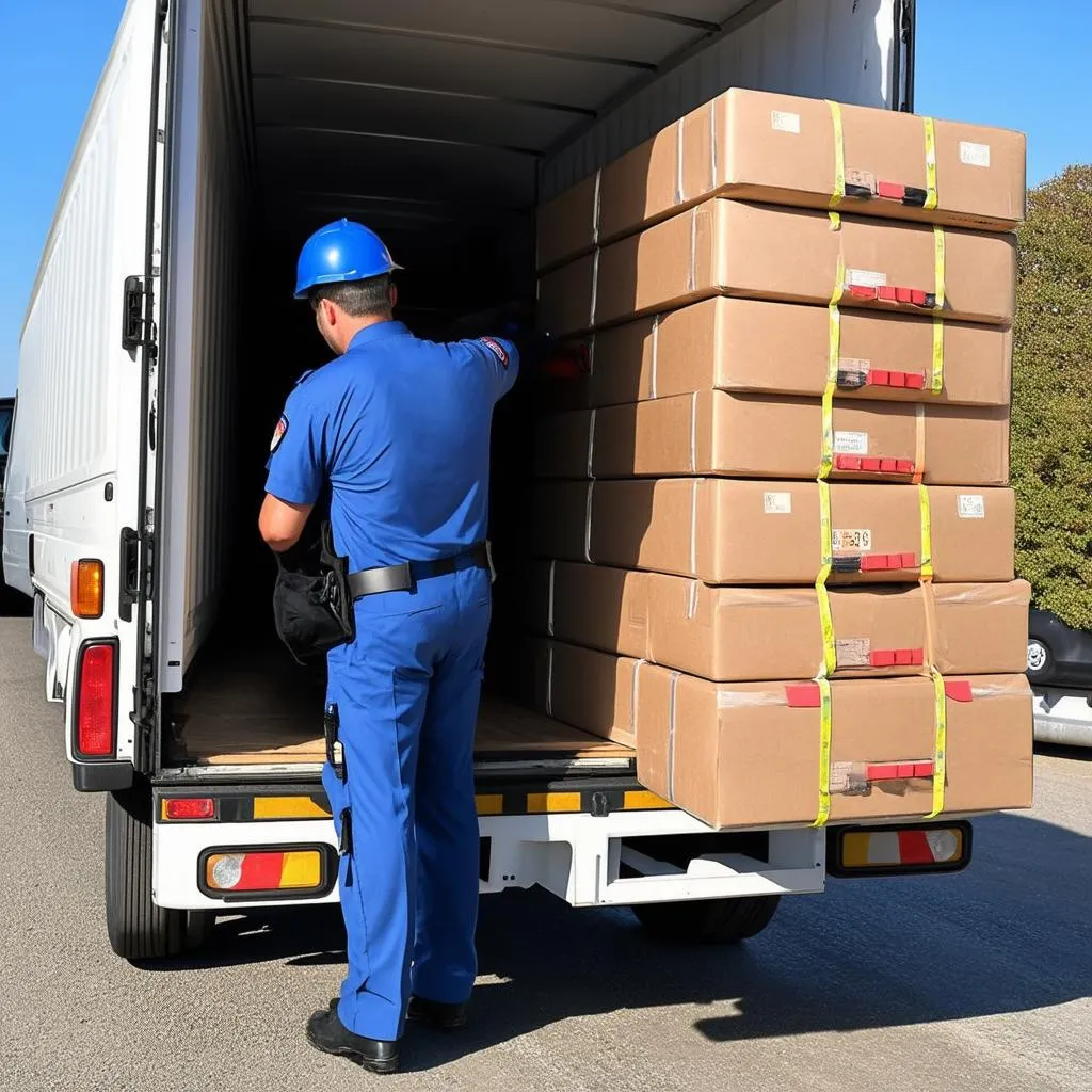 Truck driver checking goods before delivery