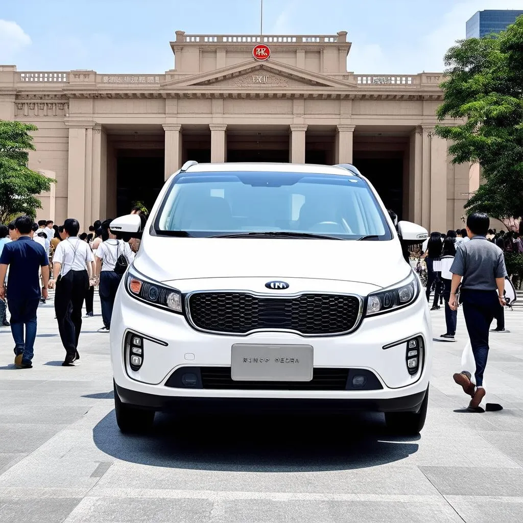 Xe Kia Carnival màu trắng đỗ trước Nhà hát lớn Hà Nội