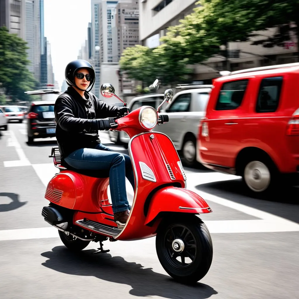 Vespa Sprint đỏ len lỏi trong dòng giao thông đông đúc