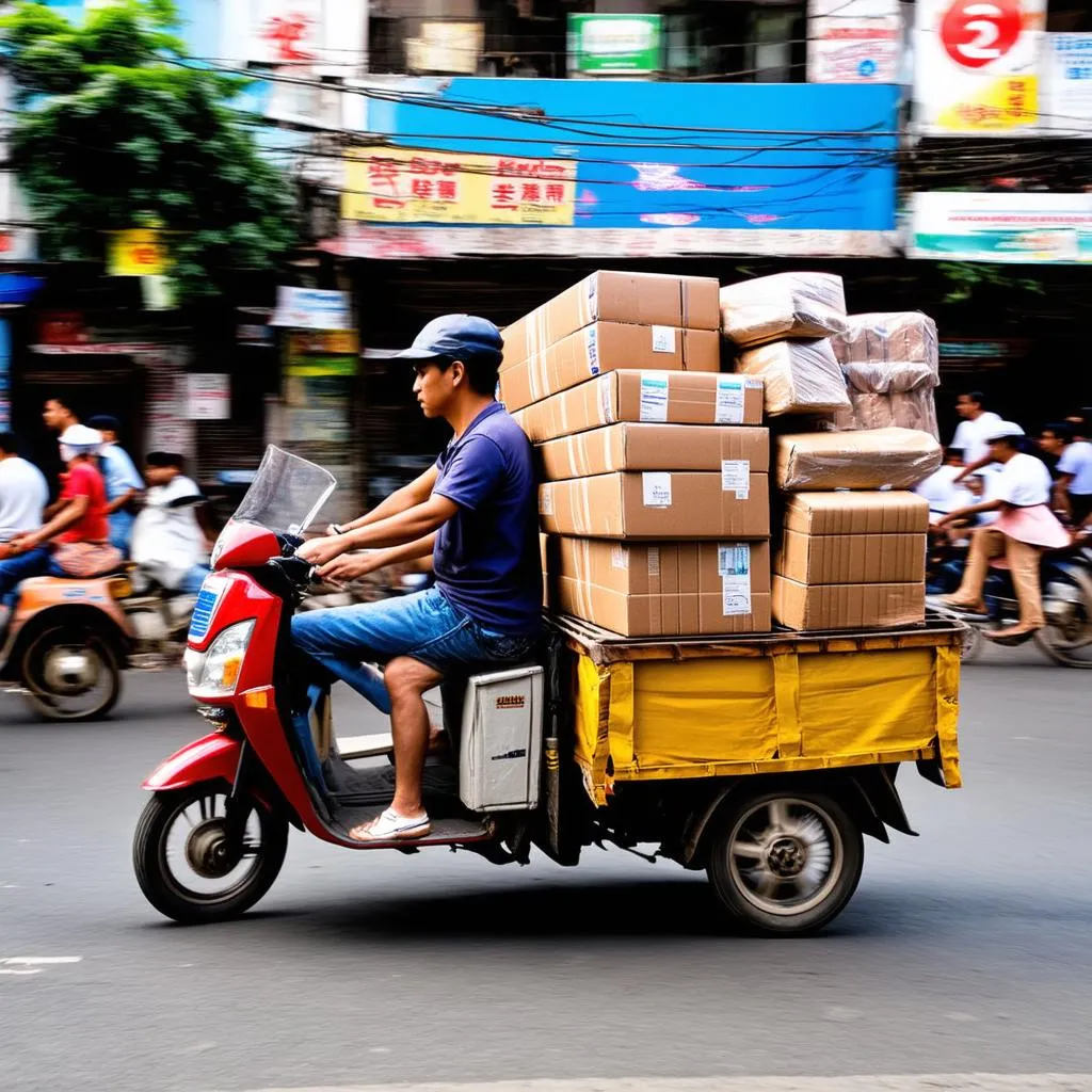 Xe ba bánh chở hàng ở Hà Đông