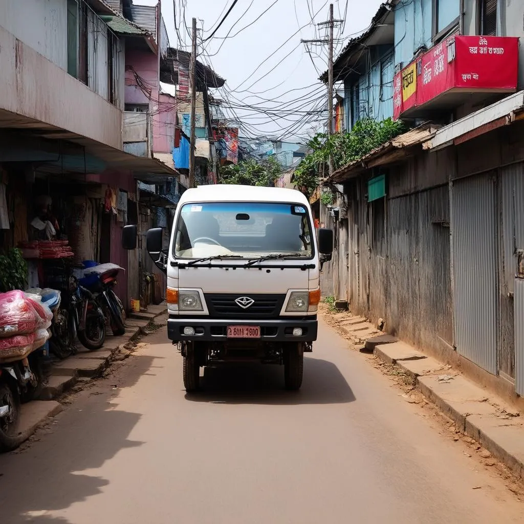 xe tải chiến thắng di chuyển trong ngõ hẹp