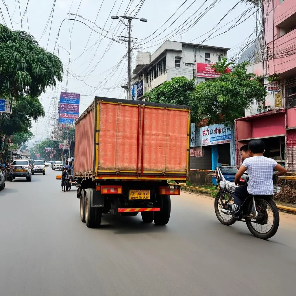 Xe tải chở hàng đang di chuyển trên đường Nguyễn Hữu Thọ, Quận 7