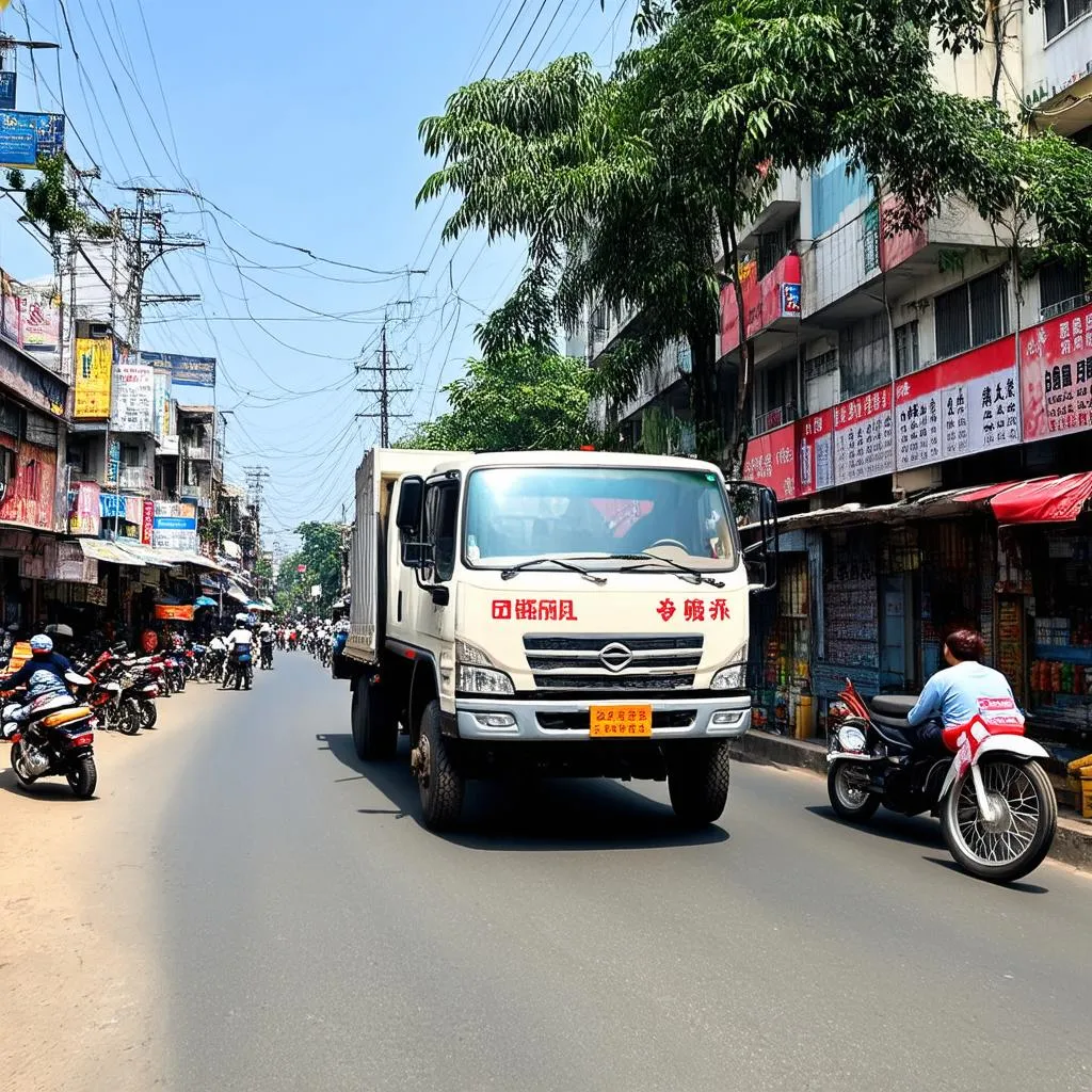 Xe tải Dongfeng chạy trên đường phố