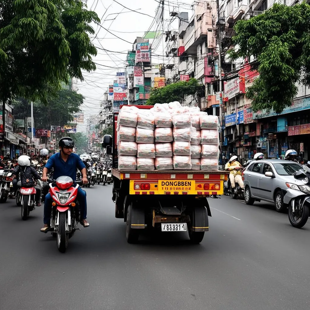 Xe tải Dongben chở hàng tại Hà Nội