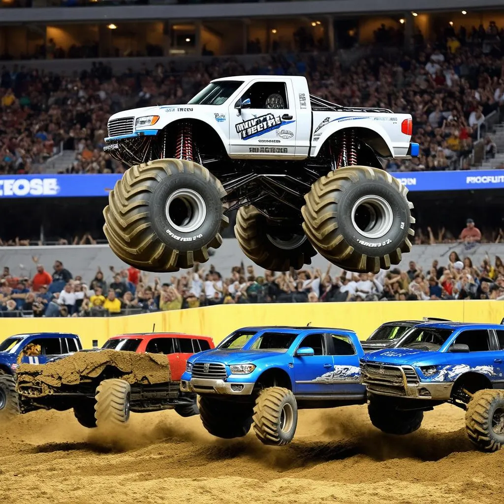 Monster truck jumping over a row of cars